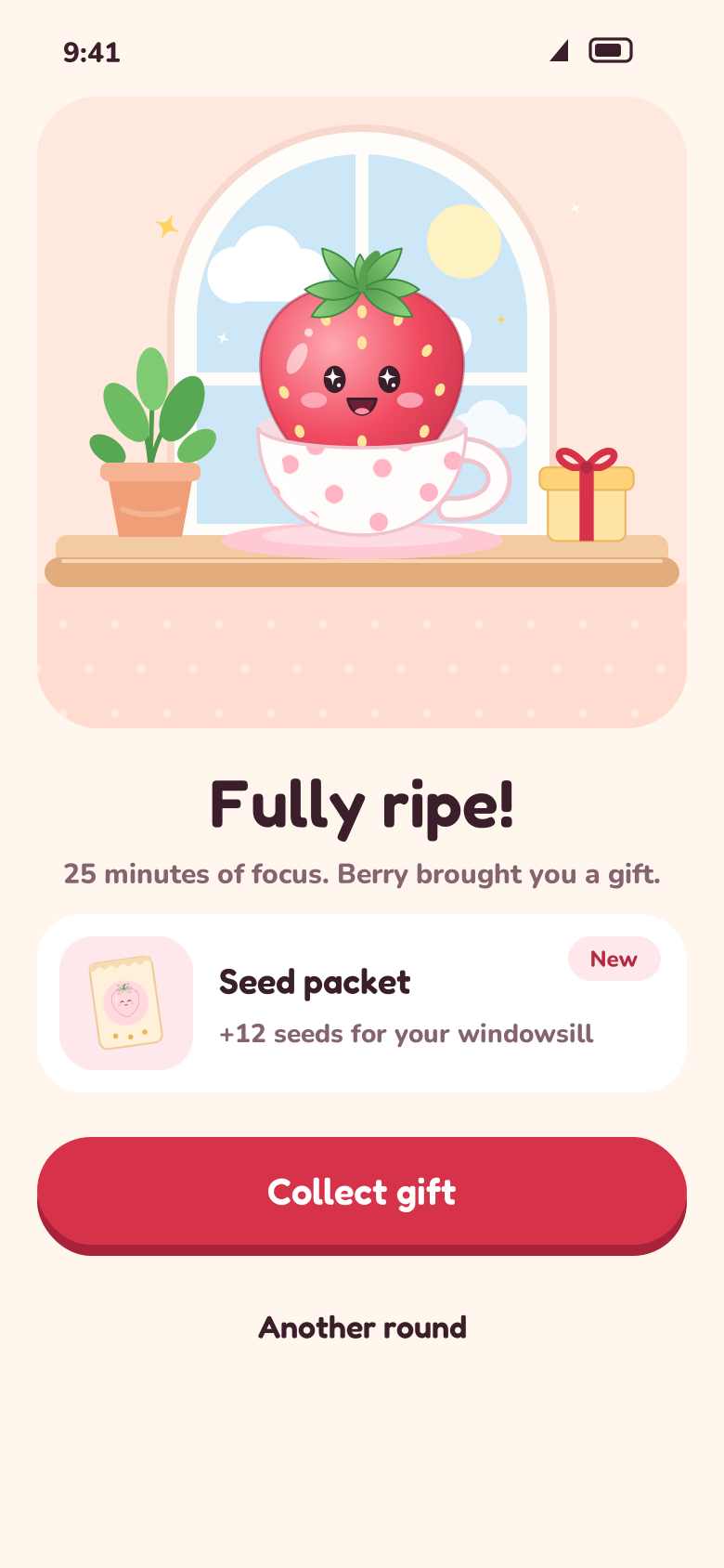 Fully ripe screen: a happy ripe Berry and a seed packet gift