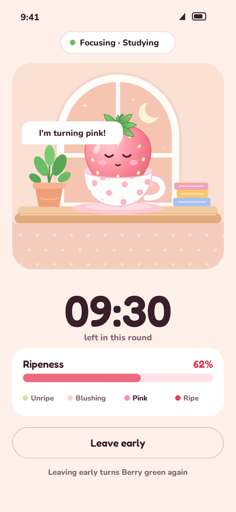 Focusing screen: Berry turning pink, a countdown and the ripeness bar