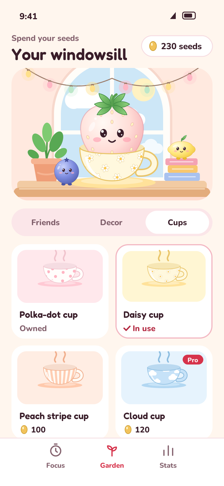 Garden screen: Berry in the daisy cup with Lemon and Blueberry, and the Cups tab with new cups, one marked Pro